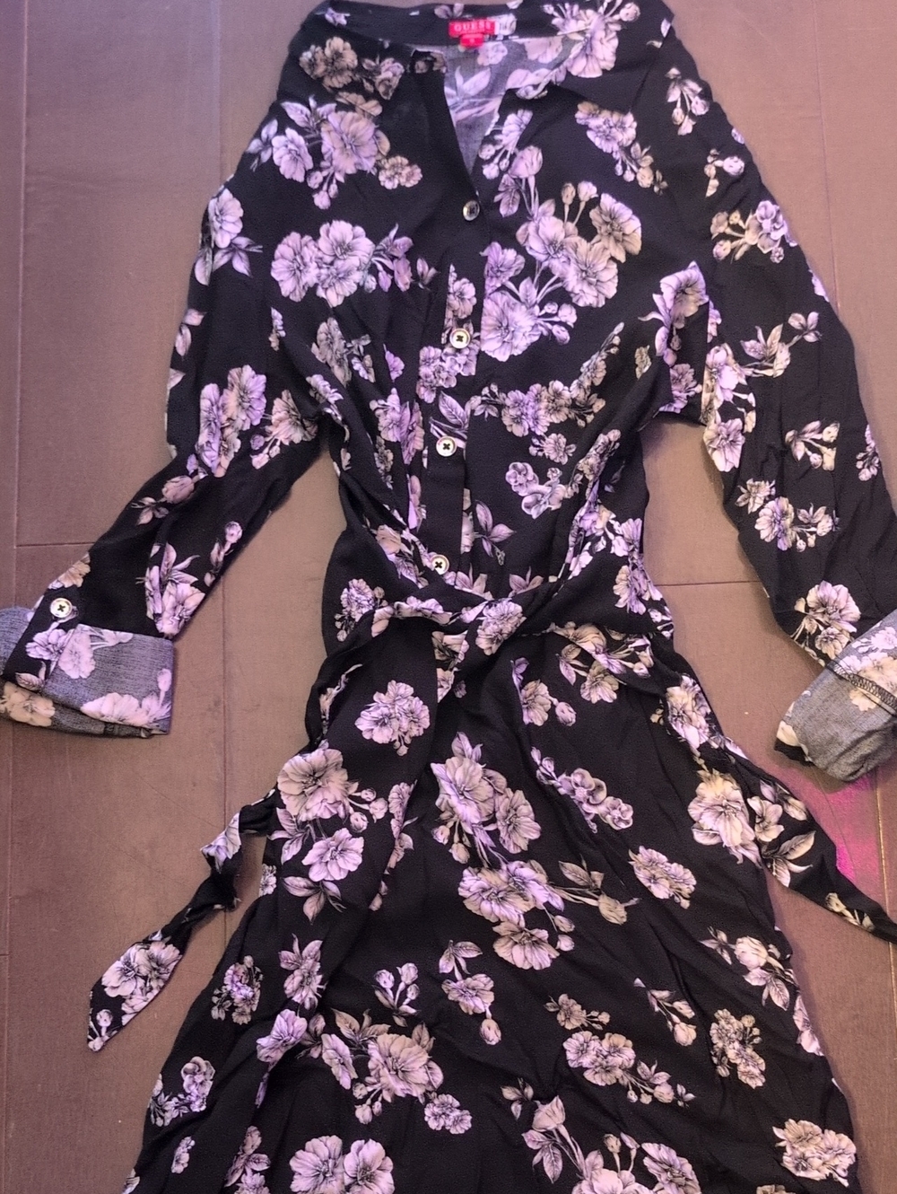 Guess Black Long-Sleeve Floral Dress With Belt